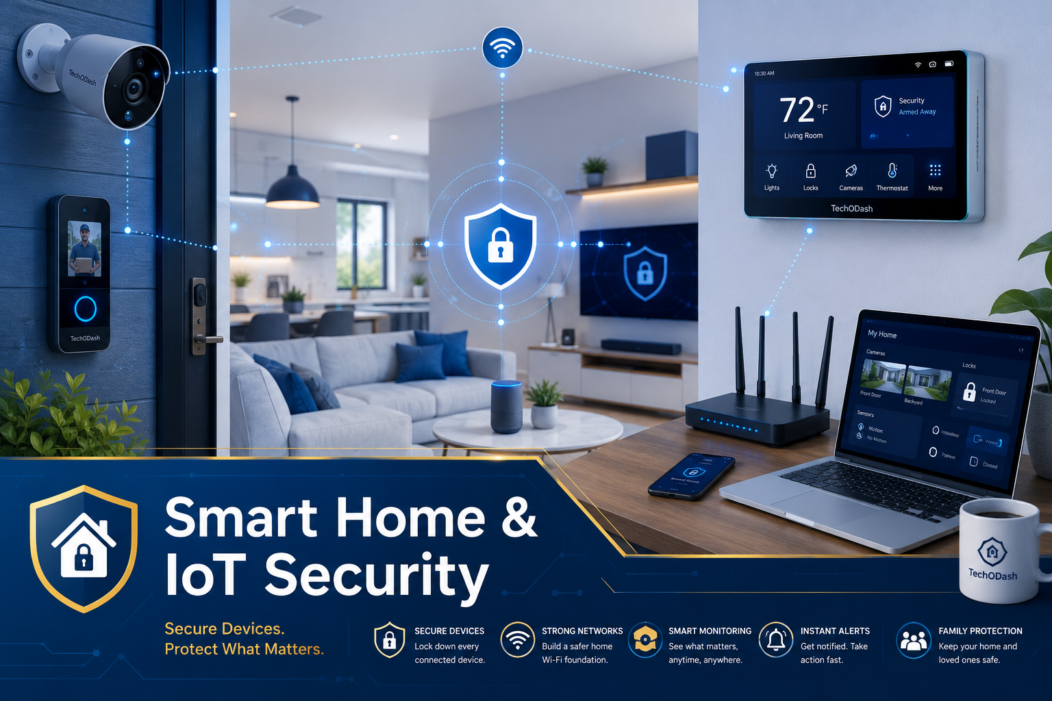 "Smart home and IoT security setup showing connected cameras, locks, thermostat, and devices"