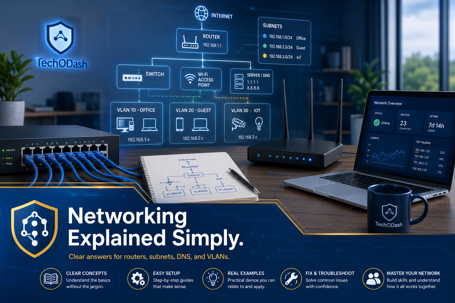 "Networking explained simply: routers, subnets, VLANs, and DNS for home networks"