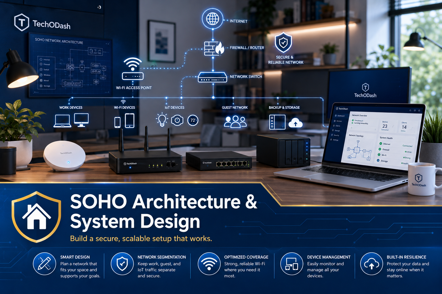 "SOHO network architecture diagram showing firewall, switch, Wi-Fi access point, and device segmentation"