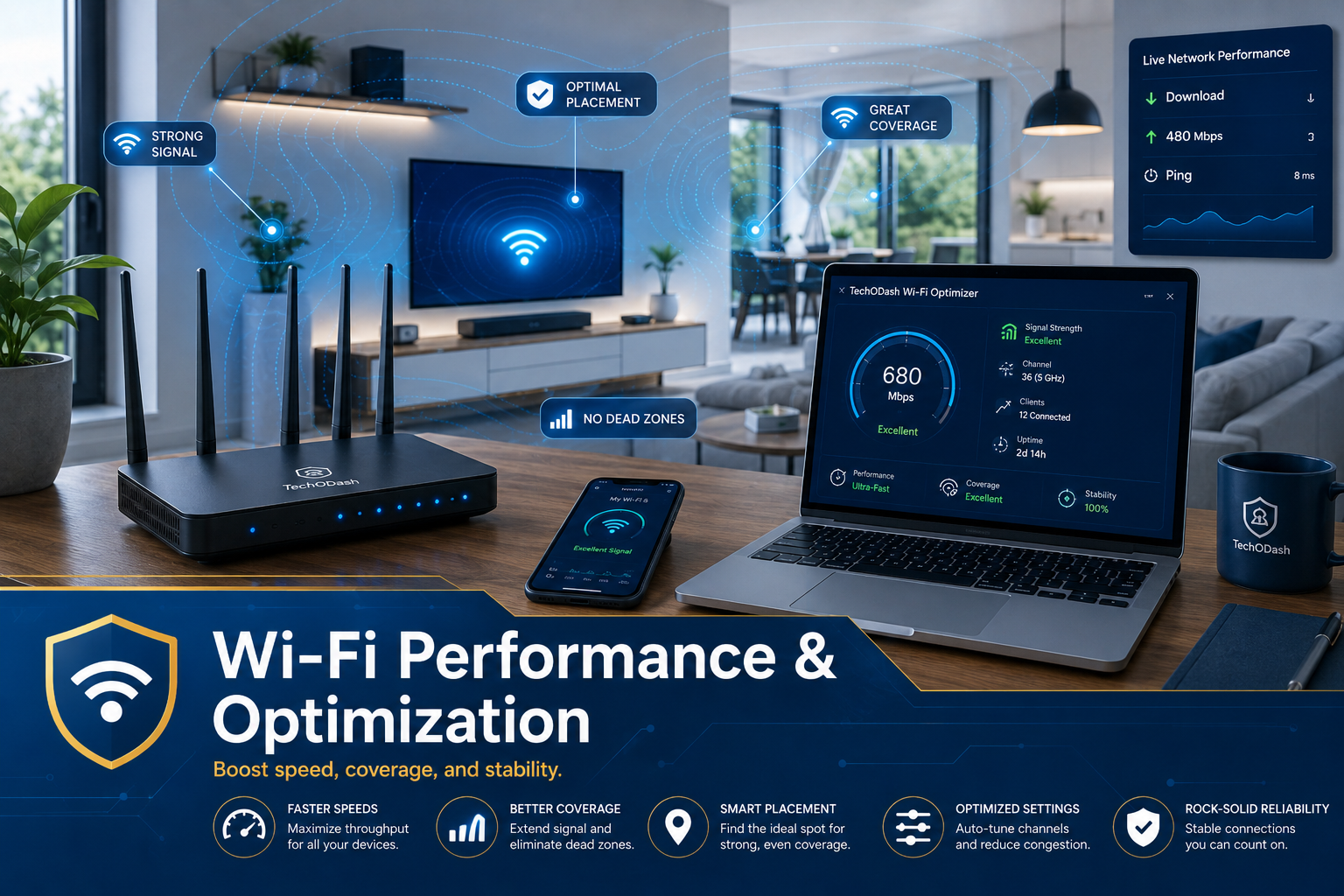 "Wi-Fi performance and optimization dashboard showing signal strength, coverage, and speed test results"