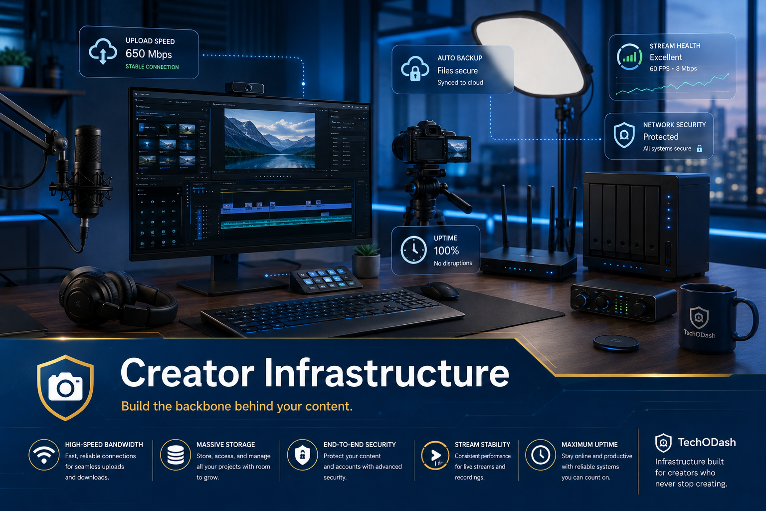 "Creator infrastructure setup with NAS storage, network security, and streaming equipment"