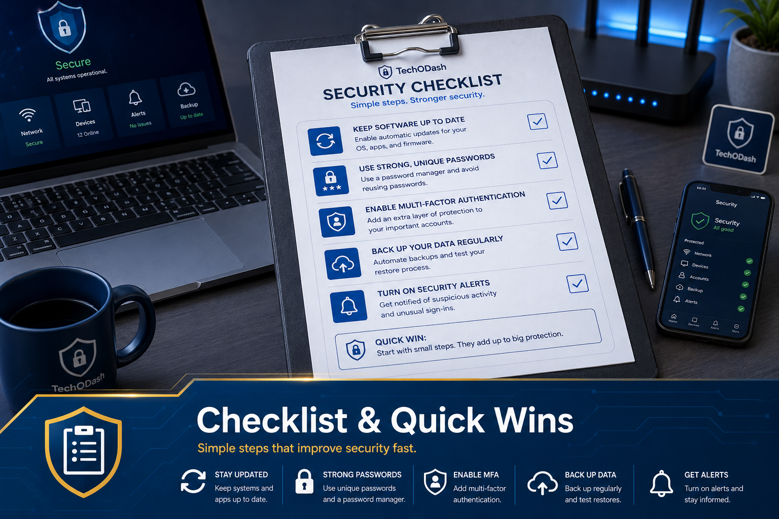 "Security checklist showing quick wins like strong passwords, MFA, backups, and security alerts"