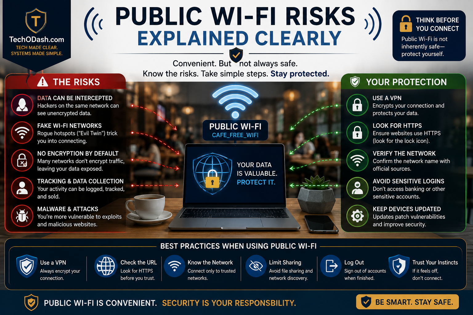 Public Wi-Fi security risks showing a laptop on an open network, fake hotspot threats, VPN protection, HTTPS, network verification, and safer connection practices