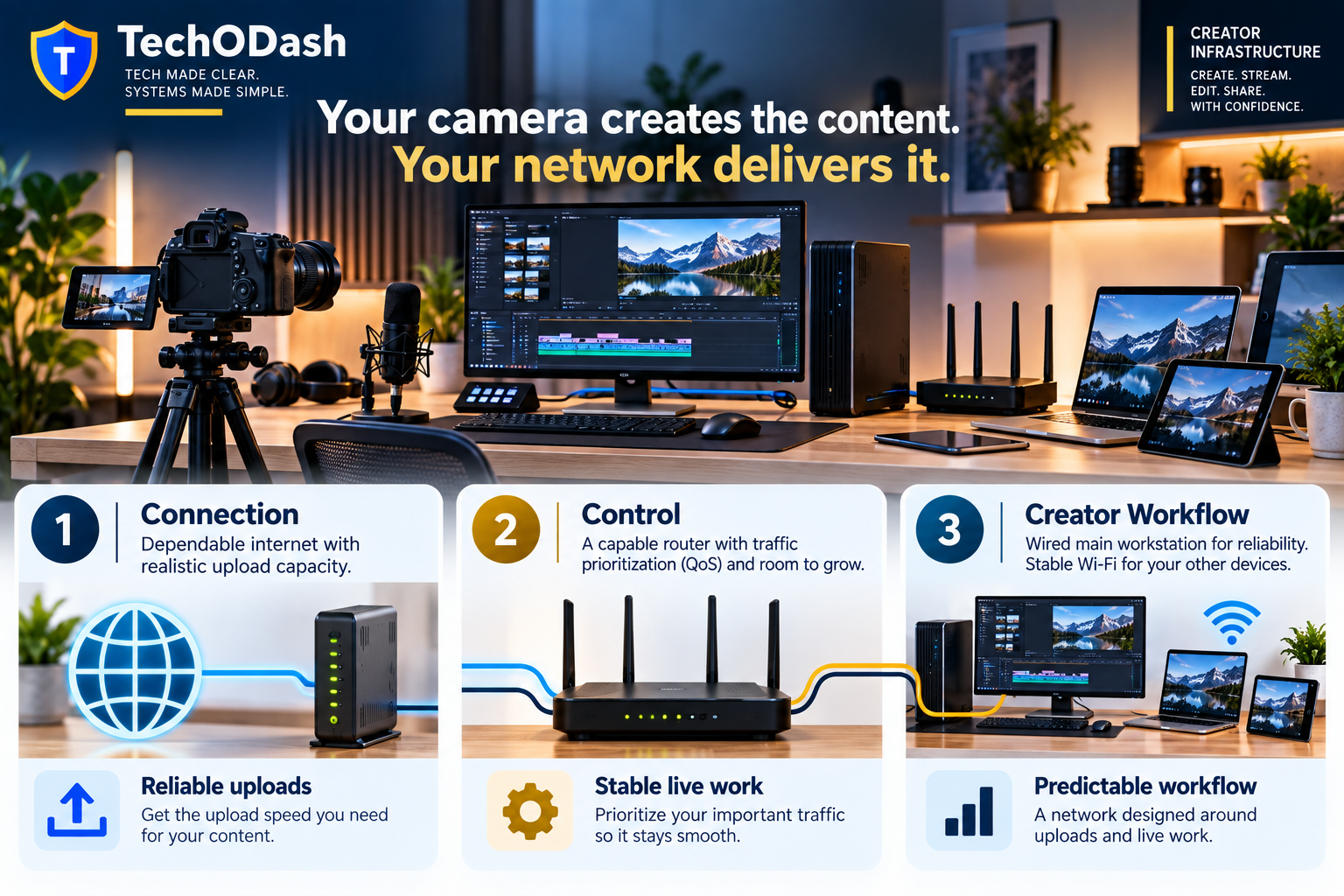 Creator network infrastructure showing dependable internet, a capable router with traffic prioritization, and a wired main workstation with stable Wi-Fi for secondary devices
