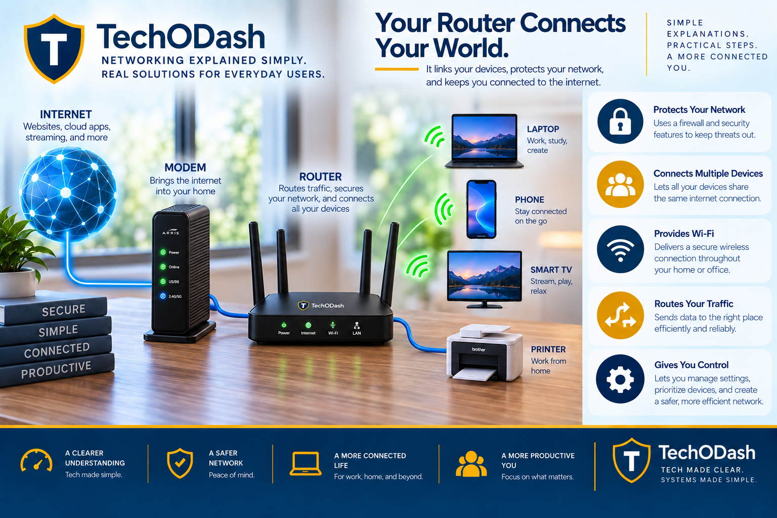 Router diagram showing local IP address assignment, packet routing, device-to-device communication, and firewall protection between a home network and the internet